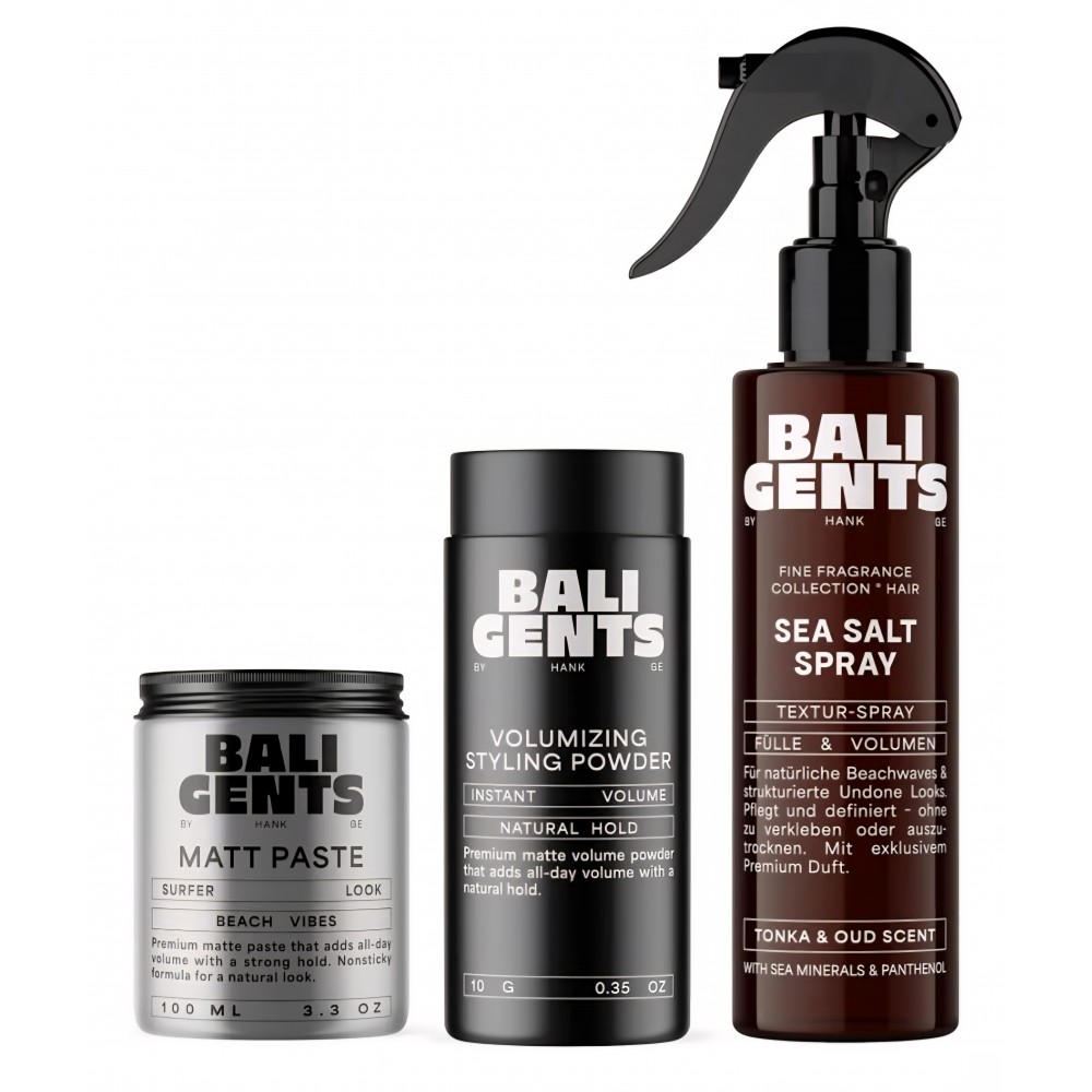 Set de styling pentru par barbati Bali Gents Styling Heroes Bundle – Pasta mata, pudra pentru volum si spray cu sare de mare, 100 ml + 10 g + 175 ml, livrare 7-8 zile