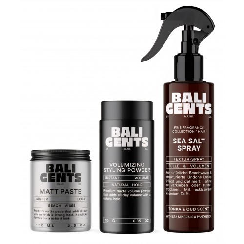 Set de styling pentru par barbati Bali Gents Styling Heroes Bundle – Pasta mata, pudra pentru volum si spray cu sare de mare, 100 ml + 10 g + 175 ml, livrare 7-8 zile
