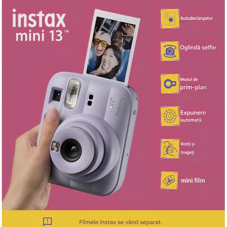 Camera foto instant FUJIFILM Instax Mini 13, Dreamy Purple – imprimare instant, oglinda selfie, mod Close-Up si expunere automata, livrare 5-7 zile