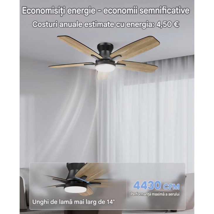 Ventilator de tavan cu iluminare Airwit, 106 cm, silentios, 6 trepte de ventilatie, motor DC reversibil, lumina reglabila, timer, livrare 7-9 zile