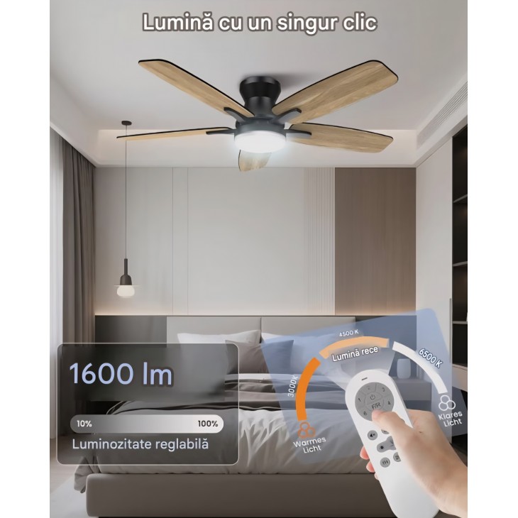 Ventilator de tavan cu iluminare Airwit, 106 cm, silentios, 6 trepte de ventilatie, motor DC reversibil, lumina reglabila, timer, livrare 7-9 zile