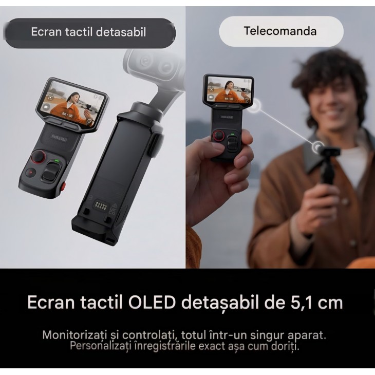 Camera vlogging Insta360 Luna Ultra, 8K, doua lentile Leica, zoom 12x, senzor 1", ecran tactil detasabil 2", gimbal, cip AI triplu, midnight black,  livrare 7-8 zile