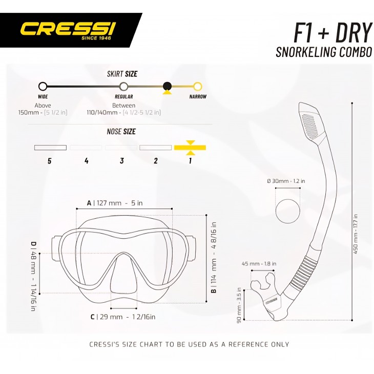 Masca snorkeling si scufundari Cressi F1, lentila din sticla securizata colorata, silicon 100%, catarame reglabile, adulti, livrare 7-9 zile