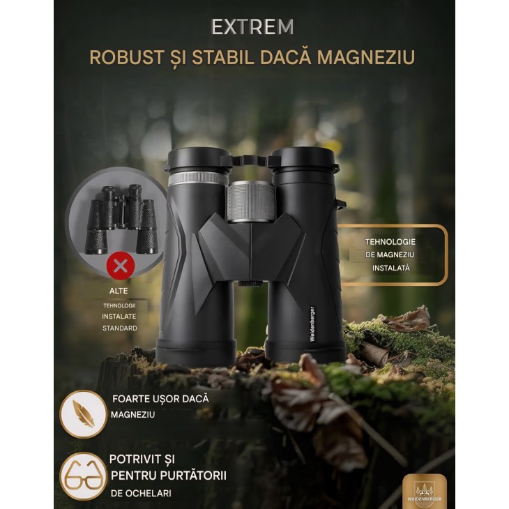 Binoclu profesional, Weidenberger 12x42, prisme BAK4 HD, lentile FMC, umplere cu azot, impermeabil, corp din magneziu, pentru adulti si purtatori de ochelari, livrare 7-9 zlle