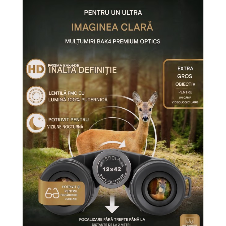 Binoclu profesional, Weidenberger 12x42, prisme BAK4 HD, lentile FMC, umplere cu azot, impermeabil, corp din magneziu, pentru adulti si purtatori de ochelari, livrare 7-9 zlle