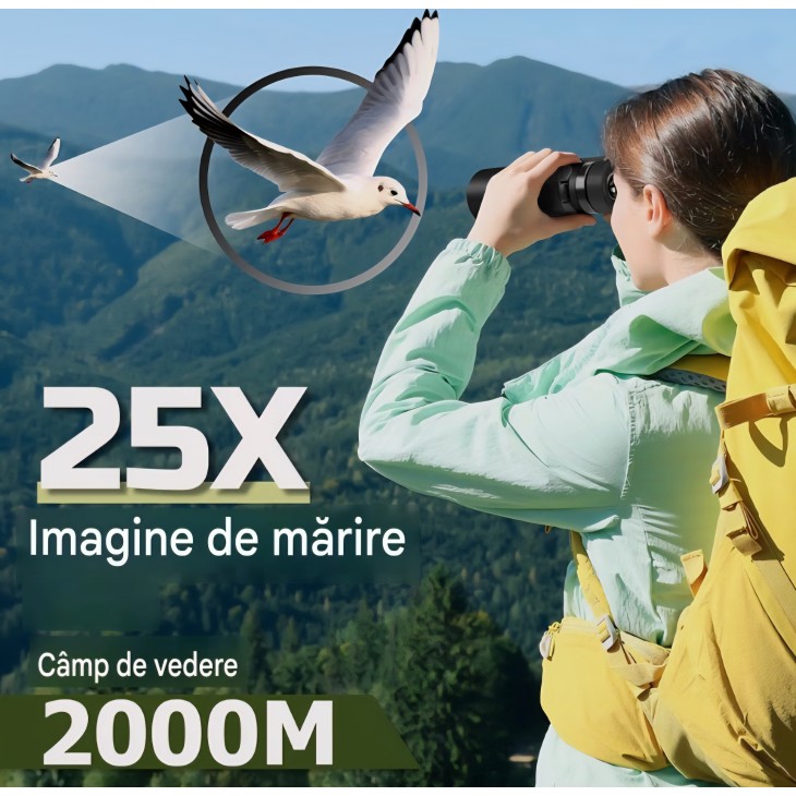 Binoclu UBieok 25x60 cu Prisme BAK4, Lentile FMC, Obiectiv 60 mm, Impermeabil si Antiaburire, Focalizare Ajustabila, Negru, livrare 7-9 zlle