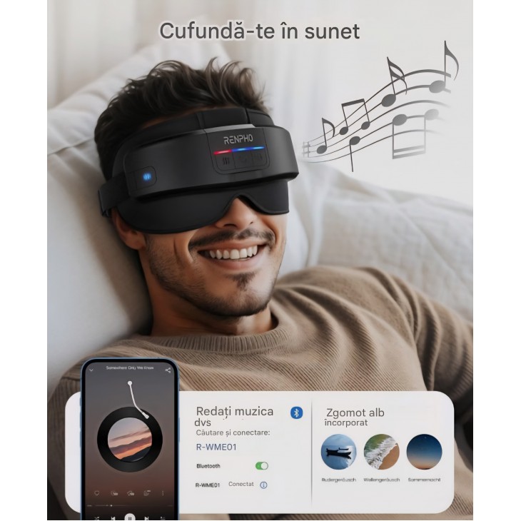 Aparat masaj cap si ochi, RENPHO, cu incalzire, masca electrica pentru ochi, masaj si relaxare, pentru oboseala oculara, termen livrare 7-8 zile