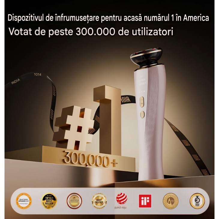 Aparat Profesional, INIA FLARE, masaj facial cu microcurenți și lumină roșie, dispozitiv 3-în-1 pentru față și gât cu funcție de incălzire, ajută la reducerea vizibilă a umflăturilor și ridurilor, termen livrare 7-8 zile