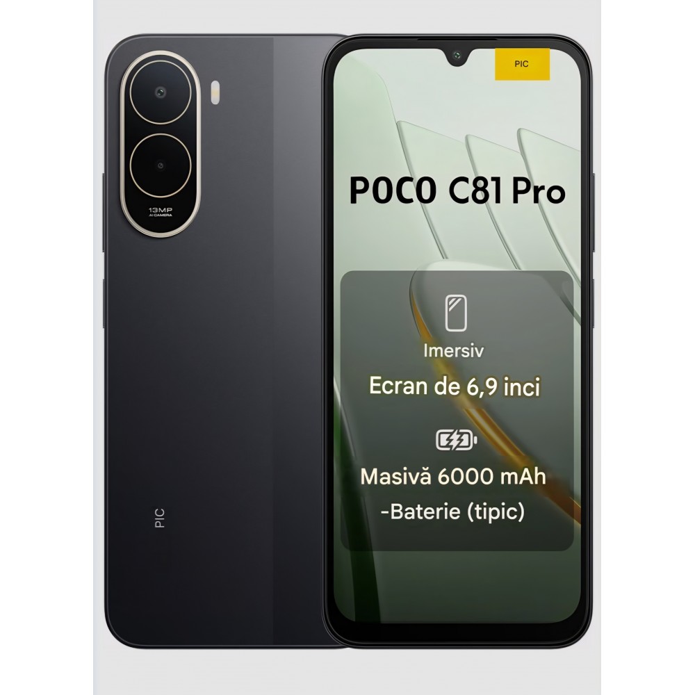 Telefon mobil, POCO C81 Pro 4GB RAM 128GB, Ecran 6.9" 120Hz, Baterie 6000mAh, Camera Duala AI 13MP, Dual SIM, Negru, Black, livrare 7-9 zile