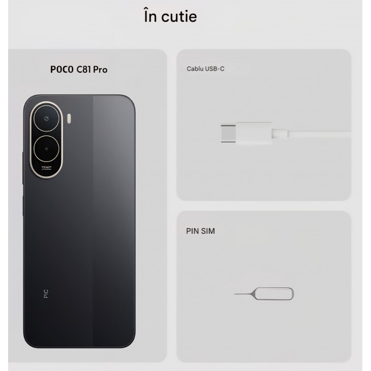 Telefon mobil, POCO C81 Pro 4GB RAM 128GB, Ecran 6.9" 120Hz, Baterie 6000mAh, Camera Duala AI 13MP, Dual SIM, Negru, Black, livrare 7-9 zile