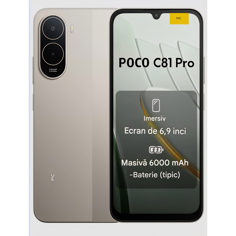 Telefon mobil, POCO C81 Pro 4GB RAM 128GB, Ecran 6.9" 120Hz, Baterie 6000mAh, Camera Duala AI 13MP, Dual SIM, Negru, Auriu, livrare 7-9 zile