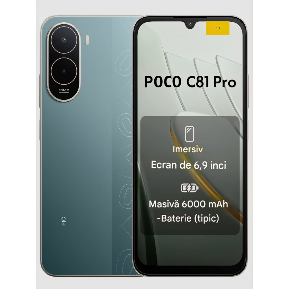 Telefon mobil, POCO C81 Pro 4GB RAM 128GB, Ecran 6.9" 120Hz, Baterie 6000mAh, Camera Duala AI 13MP, Dual SIM, Negru, Verde, livrare 7-9 zile
