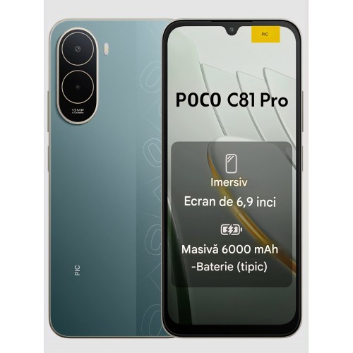 Telefon mobil, POCO C81 Pro 4GB RAM 128GB, Ecran 6.9" 120Hz, Baterie 6000mAh, Camera Duala AI 13MP, Dual SIM, Negru, Verde, livrare 7-9 zile