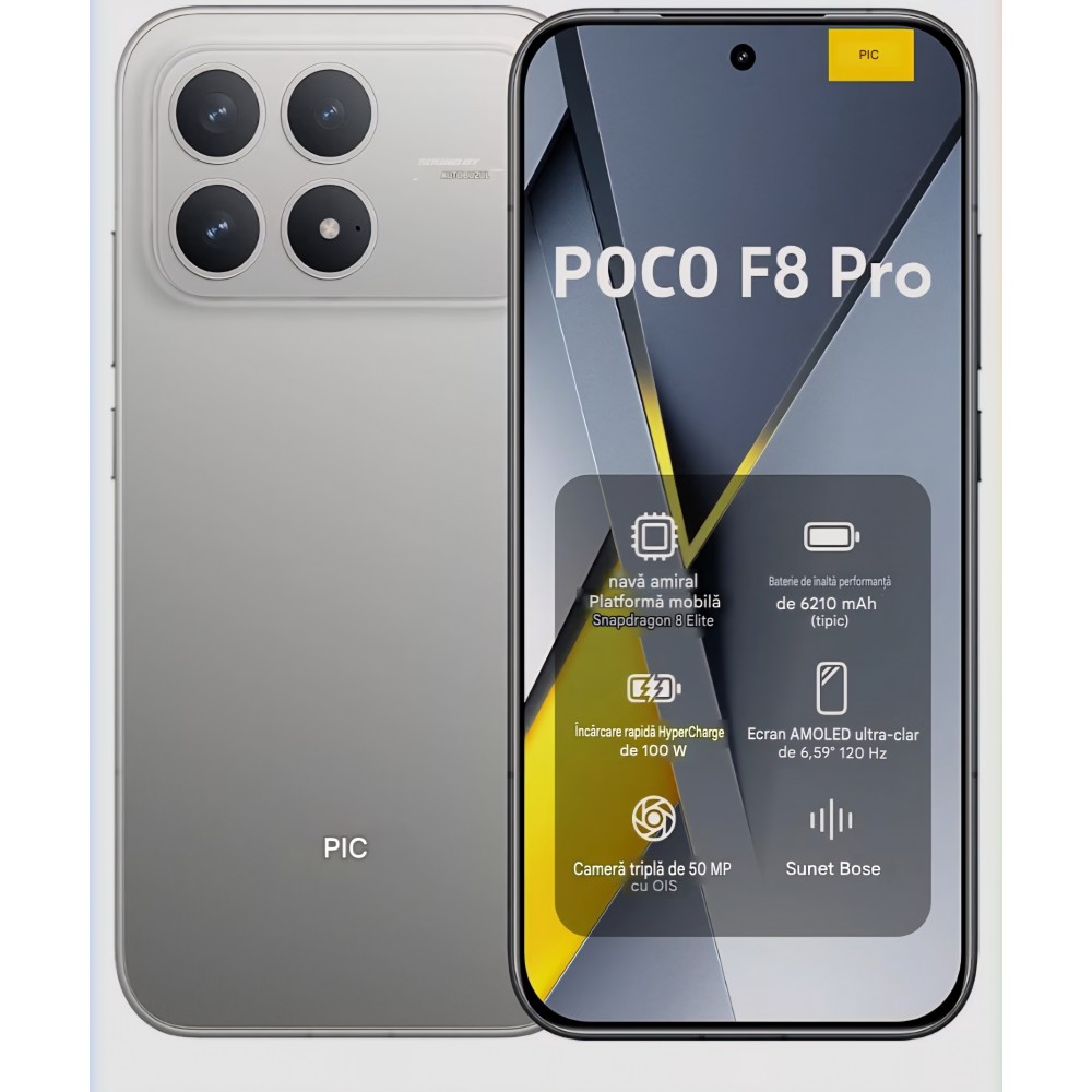 Telefon mobil, Xiaomi POCO F8 Pro, 12GB RAM 256GB, Ecran AMOLED 6.59" 120Hz, Camera Tripla 50MP cu Teleobiectiv 60mm, Baterie 6210mAh, Sunet Bose, Android, Titanium, livrare 7-9 zile