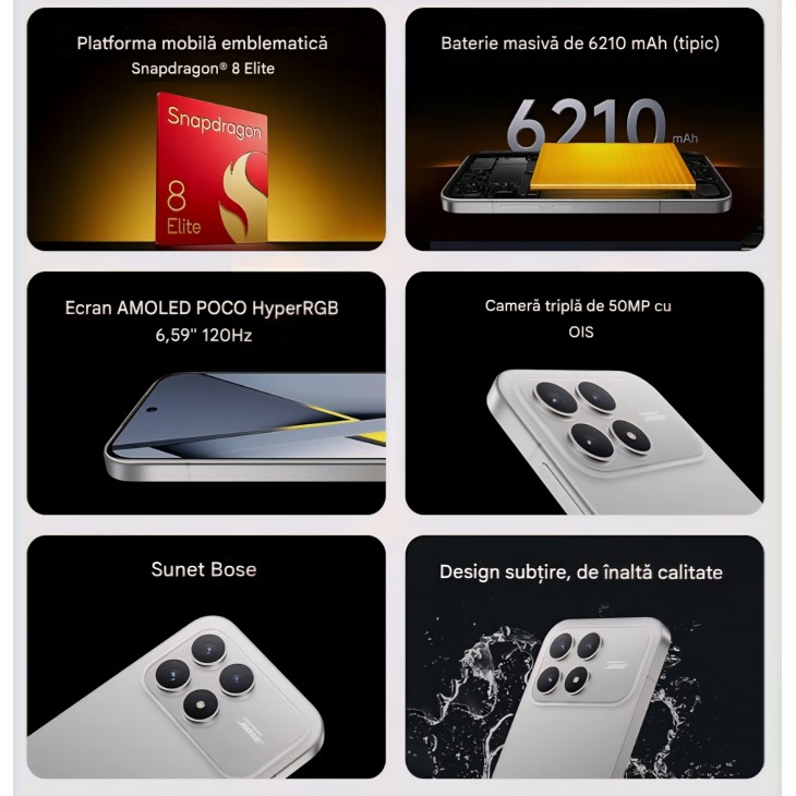 Telefon mobil, Xiaomi POCO F8 Pro, 12GB RAM 256GB, Ecran AMOLED 6.59" 120Hz, Camera Tripla 50MP cu Teleobiectiv 60mm, Baterie 6210mAh, Sunet Bose, Android, Titanium, livrare 7-9 zile