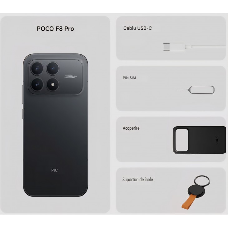 Telefon mobil, Xiaomi POCO F8 Pro, 12GB RAM 256GB, Ecran AMOLED 6.59" 120Hz, Camera Tripla 50MP cu Teleobiectiv 60mm, Baterie 6210mAh, Sunet Bose, Android, Titanium, livrare 7-9 zile