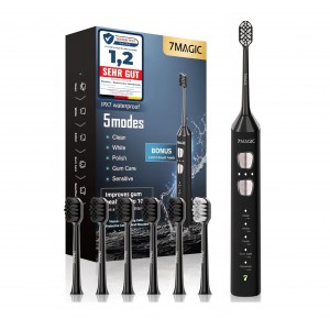 Periuta de Dinti Electrica Sonica 7MAGIC 40000 VPM, 5 Moduri, 3 Intensitati, Baterie 180 Zile, Timer, IPX7, Silentioasa, Neagra, livrare 7-9 zile