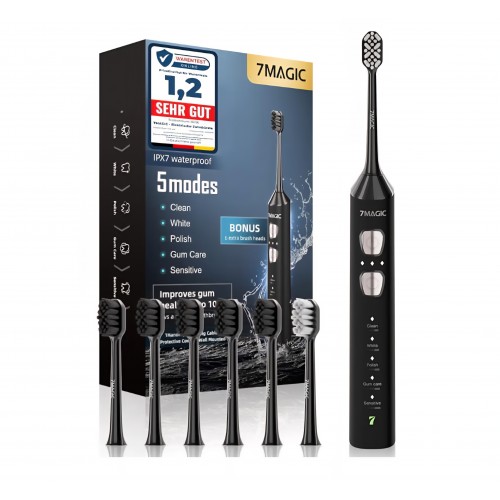 Periuta de Dinti Electrica Sonica 7MAGIC 40000 VPM, 5 Moduri, 3 Intensitati, Baterie 180 Zile, Timer, IPX7, Silentioasa, Neagra, livrare 7-9 zile