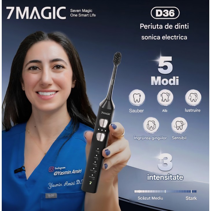 Periuta de Dinti Electrica Sonica 7MAGIC 40000 VPM, 5 Moduri, 3 Intensitati, Baterie 180 Zile, Timer, IPX7, Silentioasa, Neagra, livrare 7-9 zile