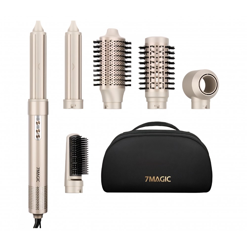 Aparat de Coafat 7MAGIC 6 in 1 Airstyler, Uscator de Par cu Ioni, Ondulator Auto-Wrap, Perie cu Aer Cald, Efect Coanda, Uscare Rapida, Volum, Indreptare si Ondulare, Auriu Champagne, livrare 7-9 zile