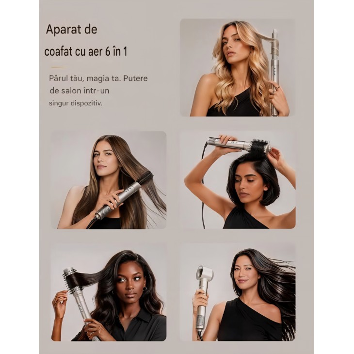 Aparat de Coafat 7MAGIC 6 in 1 Airstyler, Uscator de Par cu Ioni, Ondulator Auto-Wrap, Perie cu Aer Cald, Efect Coanda, Uscare Rapida, Volum, Indreptare si Ondulare, Auriu Champagne, livrare 7-9 zile
