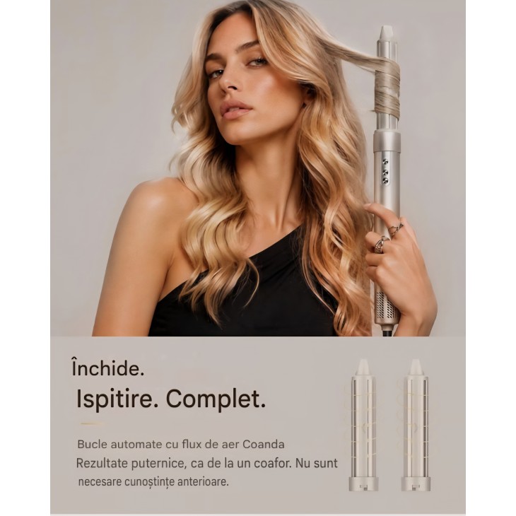 Aparat de Coafat 7MAGIC 6 in 1 Airstyler, Uscator de Par cu Ioni, Ondulator Auto-Wrap, Perie cu Aer Cald, Efect Coanda, Uscare Rapida, Volum, Indreptare si Ondulare, Auriu Champagne, livrare 7-9 zile