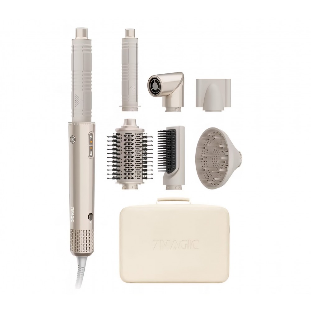 Aparat de Coafat 7MAGIC 7 in 1 Airstyler 1400W, Uscator de Par cu Ioni, Perie Rotativa, Efect Coanda, Uscare Rapida, Volum, Indreptare si Ondulare, Geanta de Calatorie, Auriu, livrare 7-9 zile