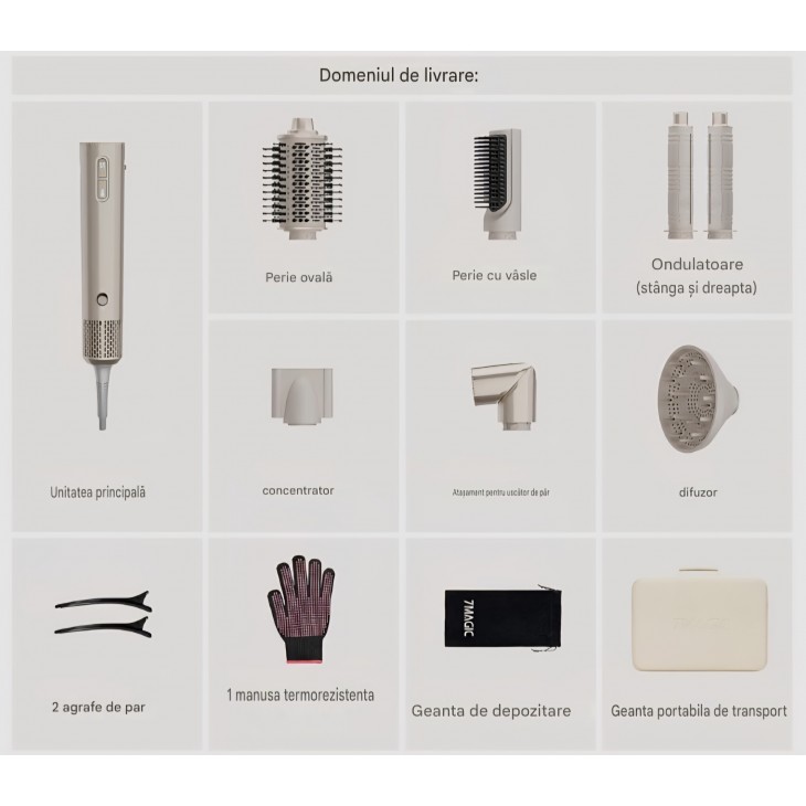 Aparat de Coafat 7MAGIC 7 in 1 Airstyler 1400W, Uscator de Par cu Ioni, Perie Rotativa, Efect Coanda, Uscare Rapida, Volum, Indreptare si Ondulare, Geanta de Calatorie, Auriu, livrare 7-9 zile