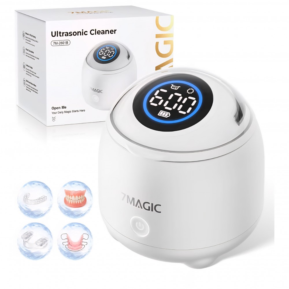 Aparat de Curatare Ultrasonica 7MAGIC pentru Gutiere, Retainere si Proteze Dentare, 48kHz, Wireless, USB-C, Baterie cu Autonomie Ridicata, Alb, livrare 7-9 zile