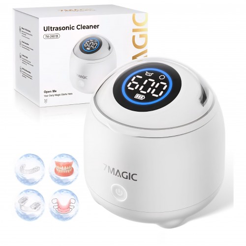 Aparat de Curatare Ultrasonica 7MAGIC pentru Gutiere, Retainere si Proteze Dentare, 48kHz, Wireless, USB-C, Baterie cu Autonomie Ridicata, Alb, livrare 7-9 zile
