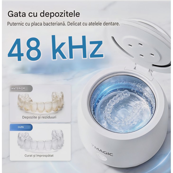 Aparat de Curatare Ultrasonica 7MAGIC pentru Gutiere, Retainere si Proteze Dentare, 48kHz, Wireless, USB-C, Baterie cu Autonomie Ridicata, Alb, livrare 7-9 zile