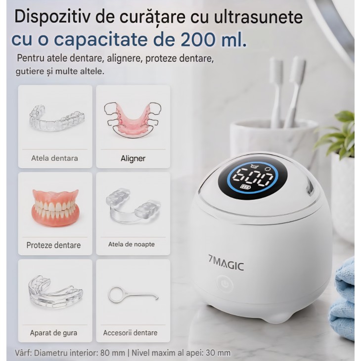 Aparat de Curatare Ultrasonica 7MAGIC pentru Gutiere, Retainere si Proteze Dentare, 48kHz, Wireless, USB-C, Baterie cu Autonomie Ridicata, Alb, livrare 7-9 zile