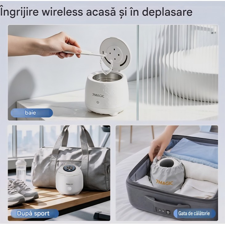 Aparat de Curatare Ultrasonica 7MAGIC pentru Gutiere, Retainere si Proteze Dentare, 48kHz, Wireless, USB-C, Baterie cu Autonomie Ridicata, Alb, livrare 7-9 zile