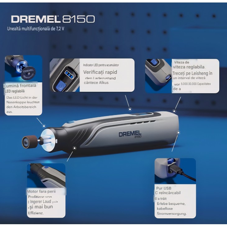 Unealta Multifunctionala, Dremel 8150, Brushless cu Acumulator 7.2V USB-C, 33.000 RPM, Iluminare LED, 20 Accesorii, Unealta Rotativa pentru Taiere, Gravare, Slefuire si Prelucrare Piese 3D
