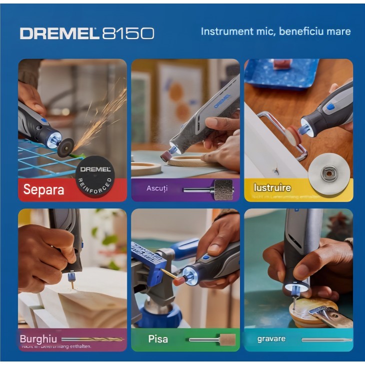 Unealta Multifunctionala, Dremel 8150, Brushless cu Acumulator 7.2V USB-C, 33.000 RPM, Iluminare LED, 20 Accesorii, Unealta Rotativa pentru Taiere, Gravare, Slefuire si Prelucrare Piese 3D