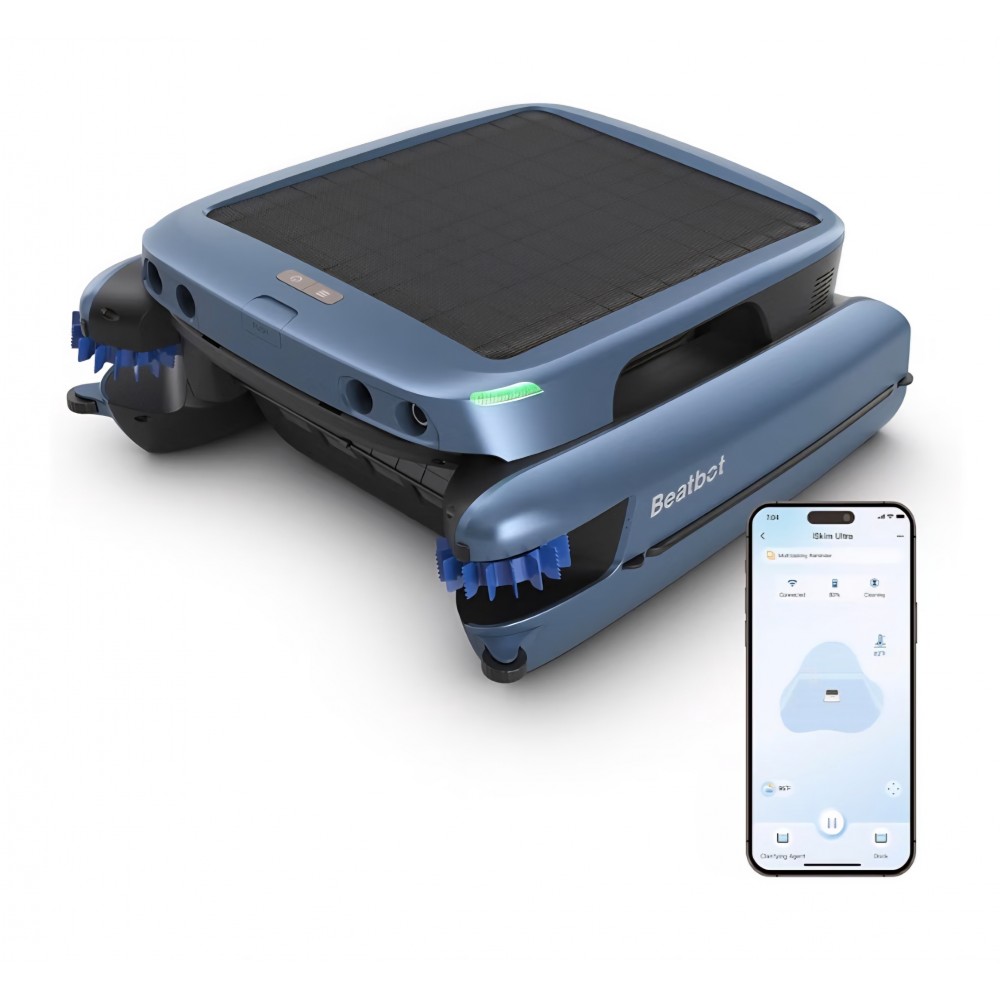 Robot pentru curatarea suprafetei piscinei, Beatbot iSkim Ultra, alimentare solara 24W, baterie 10.000mAh, incarcare duala, 7 motoare, cos filtrare 9L, 20 senzori, control prin aplicatie, Ice Blue