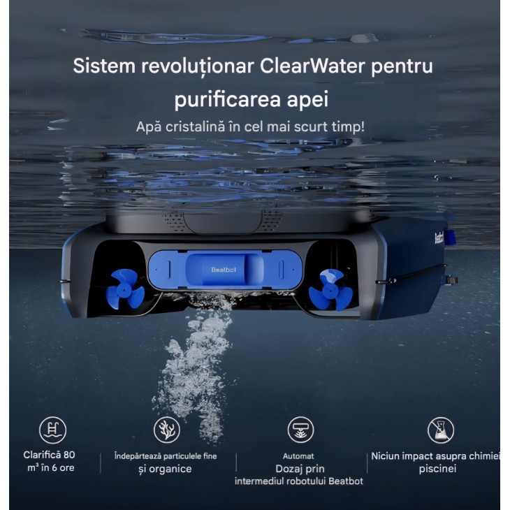 Robot pentru curatarea suprafetei piscinei, Beatbot iSkim Ultra, alimentare solara 24W, baterie 10.000mAh, incarcare duala, 7 motoare, cos filtrare 9L, 20 senzori, control prin aplicatie, Ice Blue
