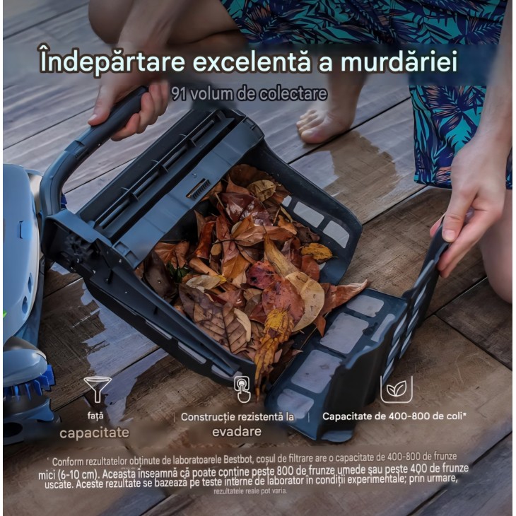 Robot pentru curatarea suprafetei piscinei, Beatbot iSkim Ultra, alimentare solara 24W, baterie 10.000mAh, incarcare duala, 7 motoare, cos filtrare 9L, 20 senzori, control prin aplicatie, Ice Blue