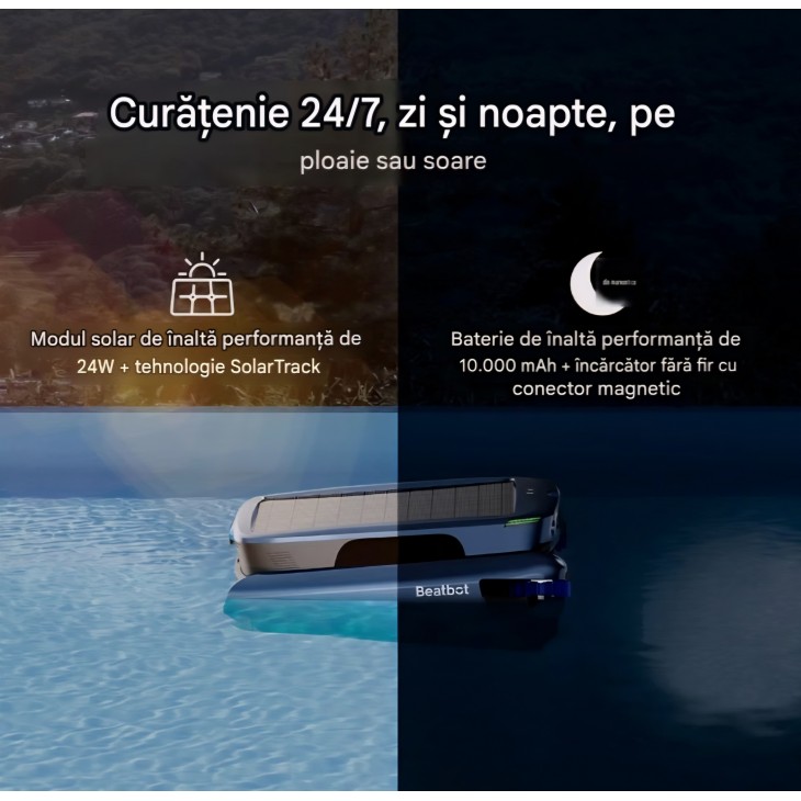 Robot pentru curatarea suprafetei piscinei, Beatbot iSkim Ultra, alimentare solara 24W, baterie 10.000mAh, incarcare duala, 7 motoare, cos filtrare 9L, 20 senzori, control prin aplicatie, Ice Blue