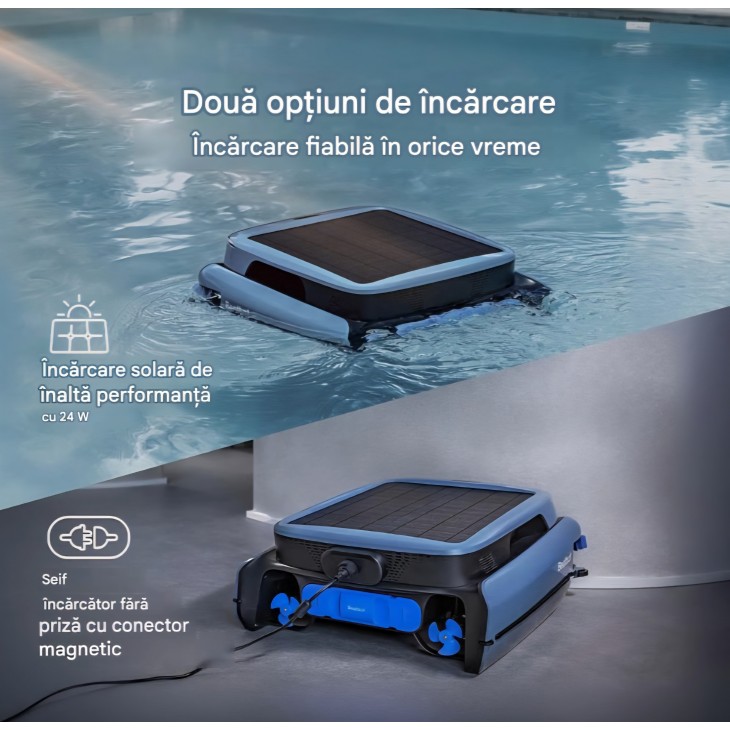 Robot pentru curatarea suprafetei piscinei, Beatbot iSkim Ultra, alimentare solara 24W, baterie 10.000mAh, incarcare duala, 7 motoare, cos filtrare 9L, 20 senzori, control prin aplicatie, Ice Blue