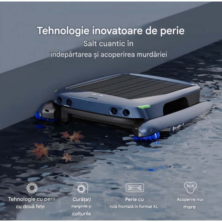 Robot pentru curatarea suprafetei piscinei, Beatbot iSkim Ultra, alimentare solara 24W, baterie 10.000mAh, incarcare duala, 7 motoare, cos filtrare 9L, 20 senzori, control prin aplicatie, Ice Blue