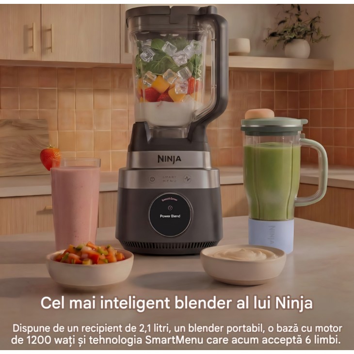 Blender Ninja CrushBOSS LB301EUBK 2-in-1, 1200 W, SmoothSense, 3 Programe Inteligente, Recipient XL 2,1 L si BlendBOSS Cup 710 ml, Onyx