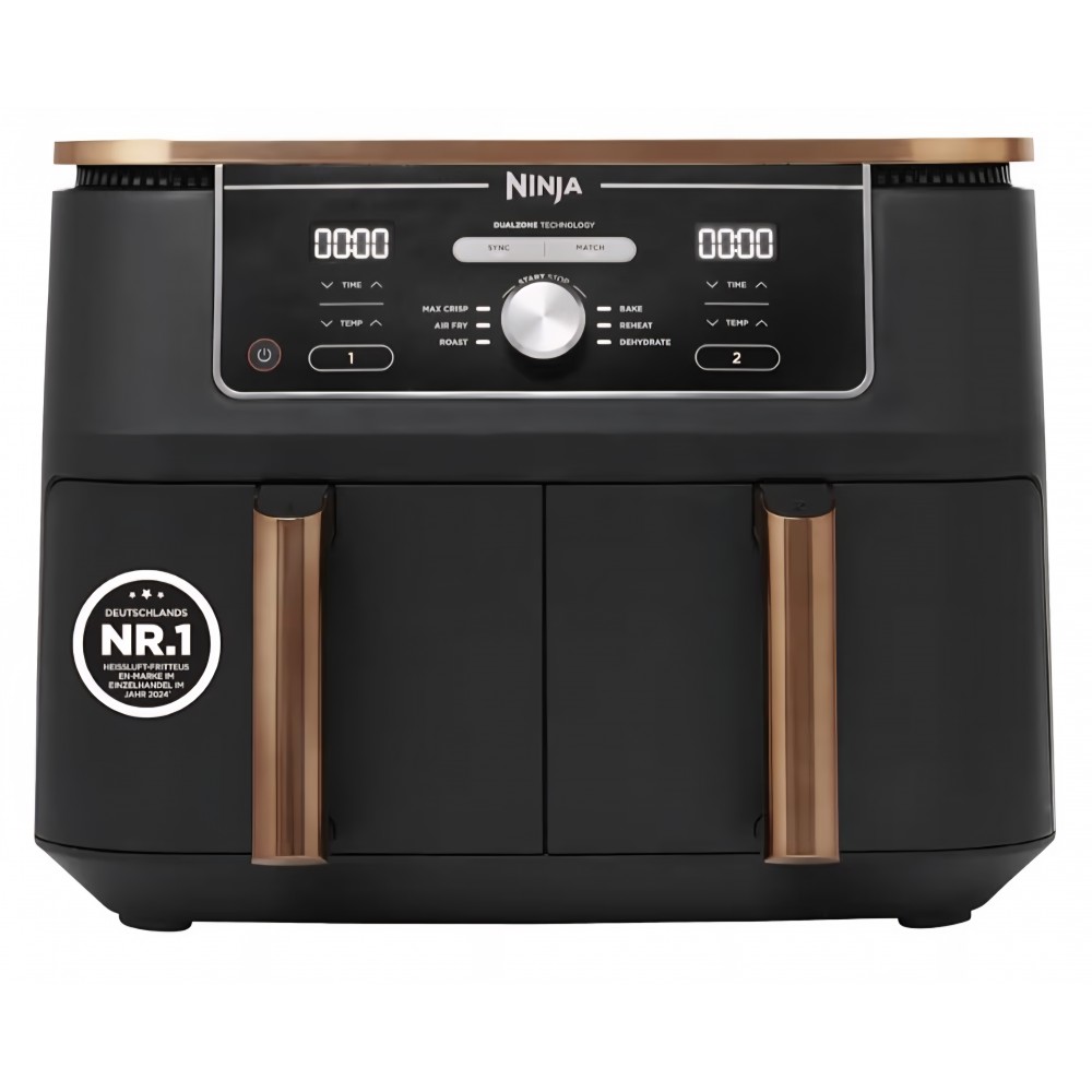 Air Fryer, Ninja Foodi MAX Dual Zone AF400EUCP, 9,5 L, 2 Compartimente, 6-in-1, Cosuri Antiaderente si Lavabile in Masina de Spalat Vase, Copper/Black