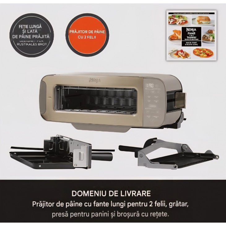 Toaster si grill electric, Ninja Foodi 3-in-1 ST202EUSTGD, 7 functii de gatire, 7 trepte de prajire, presa Panini, tava de copt si tava pentru firimituri, Stone Gold