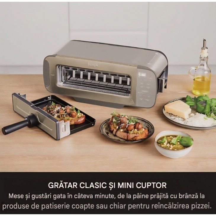 Toaster si grill electric, Ninja Foodi 3-in-1 ST202EUSTGD, 7 functii de gatire, 7 trepte de prajire, presa Panini, tava de copt si tava pentru firimituri, Stone Gold