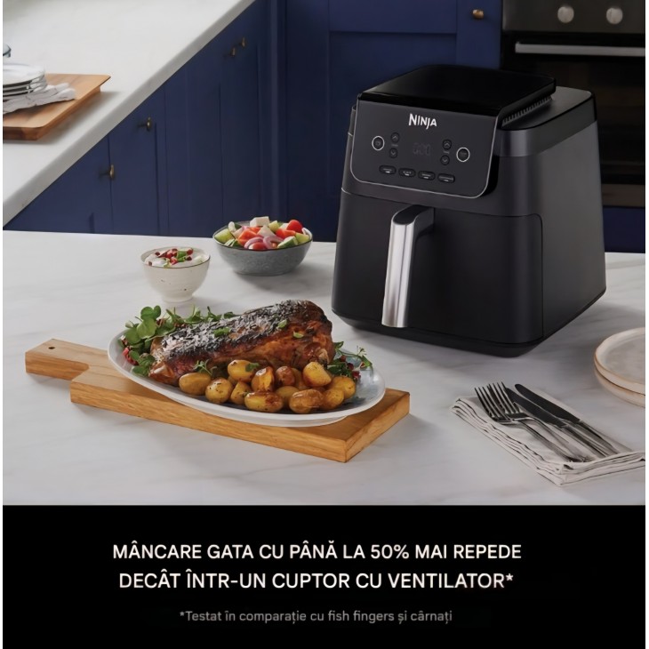 Air Fryer, Ninja AF170EU, 6,2 L, 4 functii de gatire, sertar XL patrat, antiaderent, lavabil in masina de spalat vase, Black