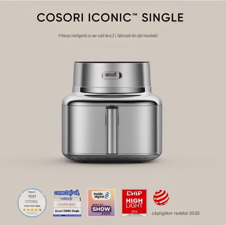 Air Fryer, COSORI Iconic Single, 7-in-1, 6,2 L, 96% metal, acoperire ceramica fara PFAS, 50+ retete, Silver