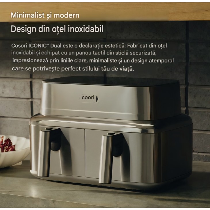 Air Fryer, COSORI Iconic Dual, 7-in-1, 8,6 L, 94% metal, 2 compartimente, acoperire ceramica fara PFAS, Silver