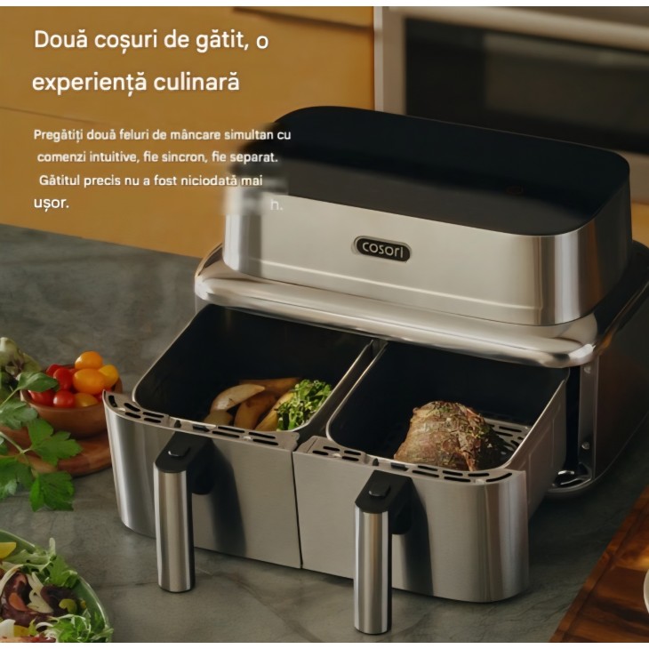 Air Fryer, COSORI Iconic Dual, 7-in-1, 8,6 L, 94% metal, 2 compartimente, acoperire ceramica fara PFAS, Silver