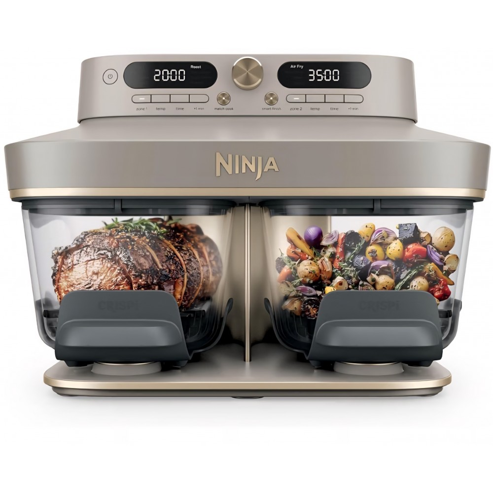 Air Fryer, Ninja CRISPi DualZone DD103EUSD1, 2 compartimente din sticla, 8 functii, gatire simultana, recipiente din sticla fara PFAS, Stone Gold